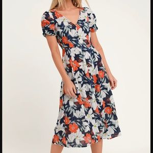 Lulu's Navy Blue Floral Print Midi Dress